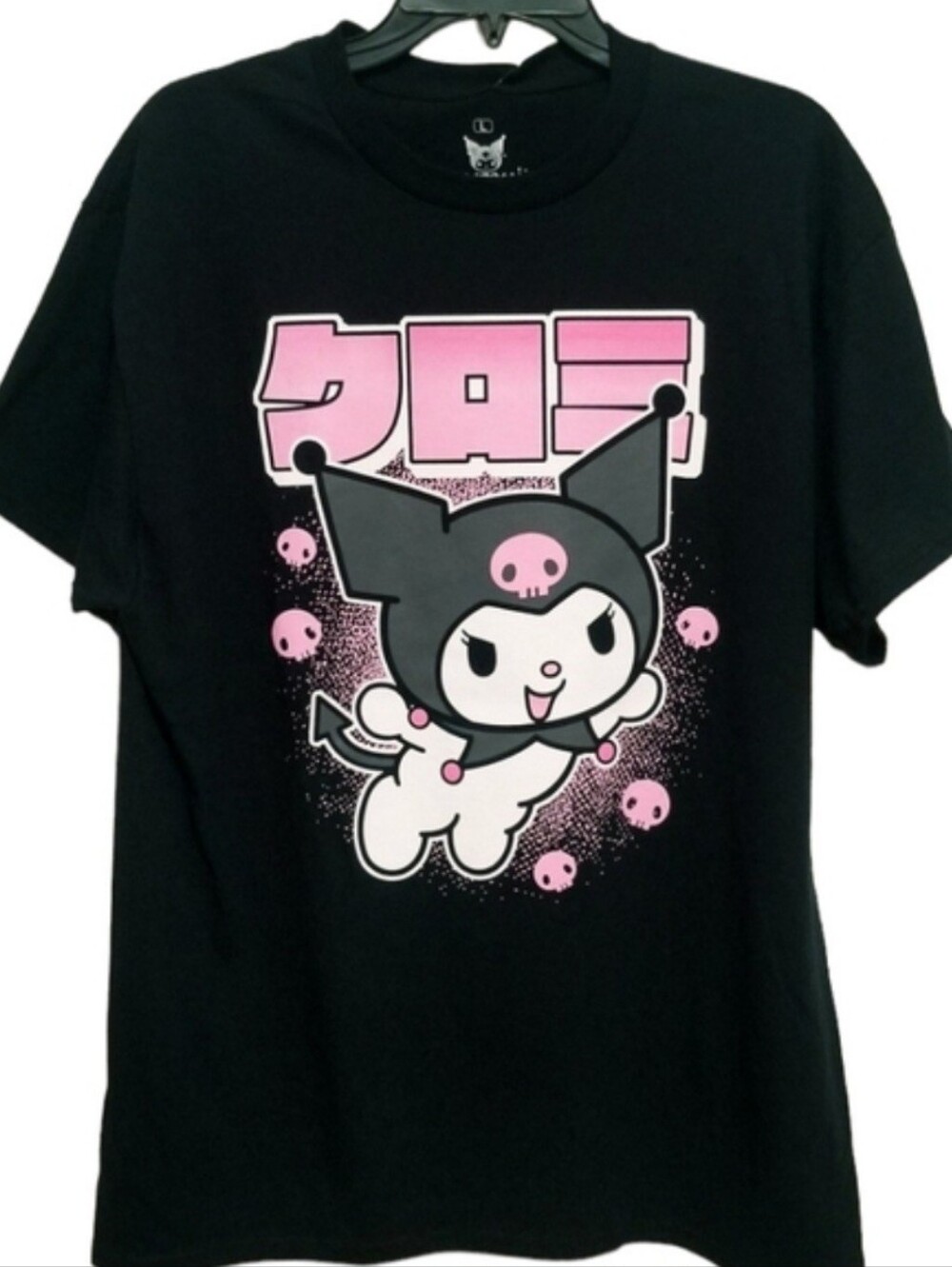 NEW Sanrio Kuromi Japanese Text Print Black Pink Skull Graphic Tee Shirt NWOT